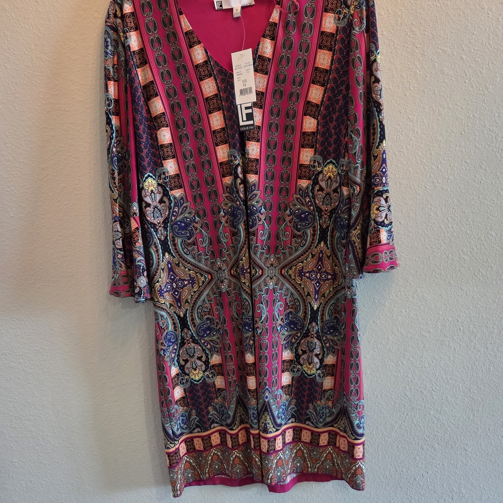 Leslie Fay Vibrant Pink and Blue Long Sleeve Dress